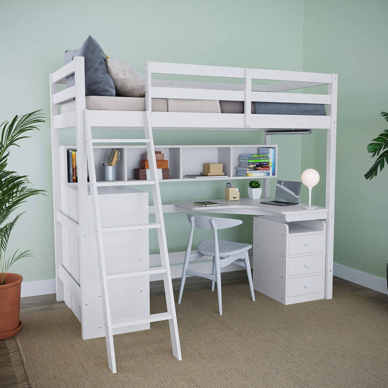 Momo Solid Pine Loft Bed with Bookcase and Cabinet - White