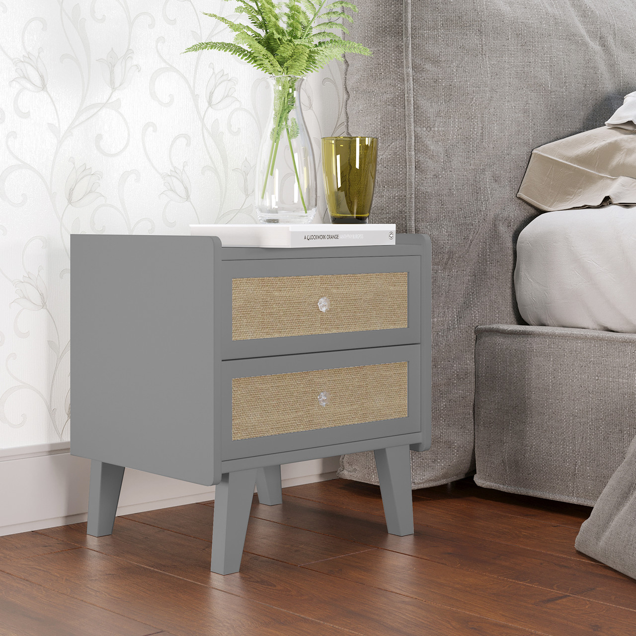 2 drawer bedside table grey